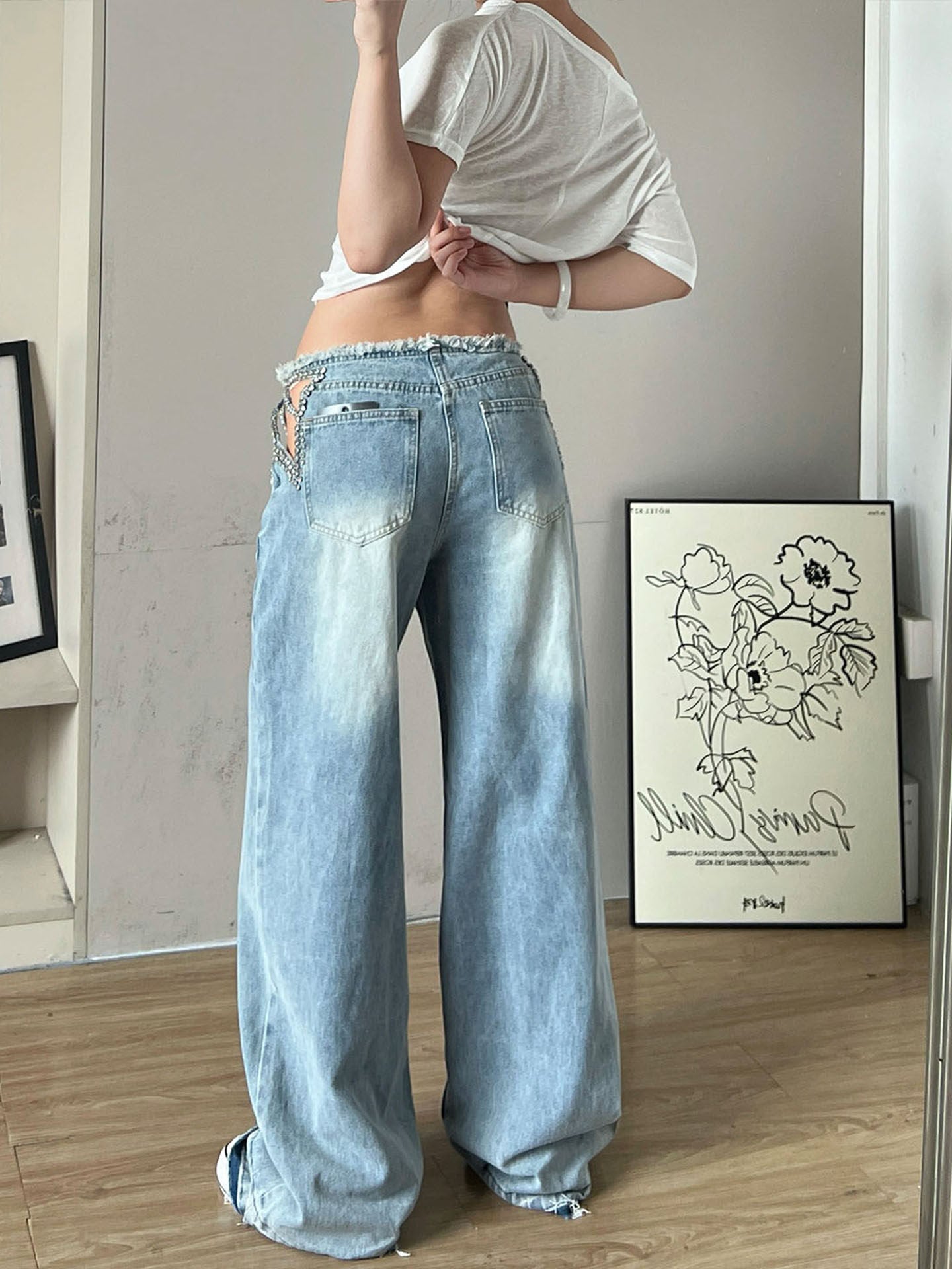 Star Hollow-Out Rhinestone Jeans Loose Wide-Leg Pants