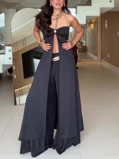 Zwarte lange tubetop en wijde broek set