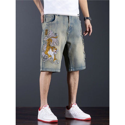 Chinese Style Tiger Embroidery Denim Shorts for Men