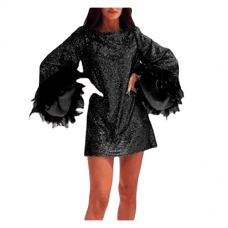 2026 European and American Foreign Trade Cross-Border New Women's Clothing Sexy Fur Sleeve Sequined V-Neck Tie Elegant Short Dress