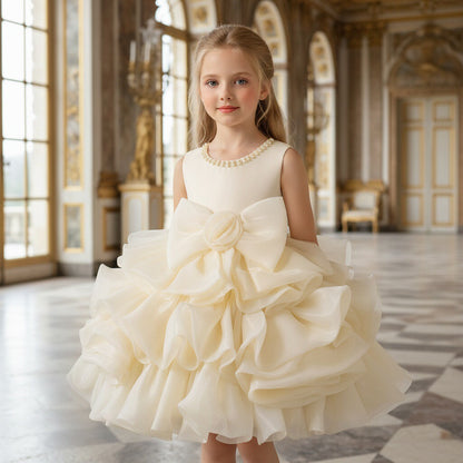 Girls Princess Dress with 3D Roses and Bow Tiered Tulle Birthday Party Gown