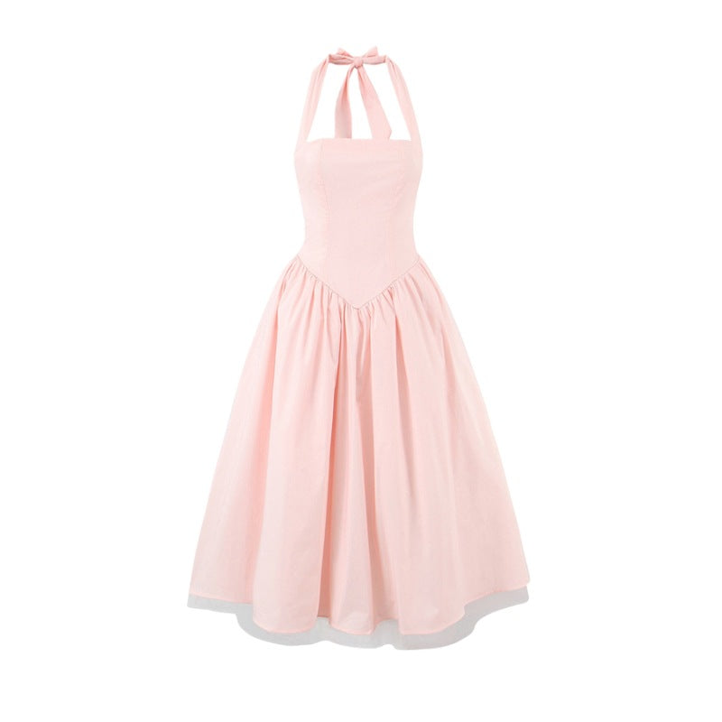 French Backless Cross-Tie Halter Dress