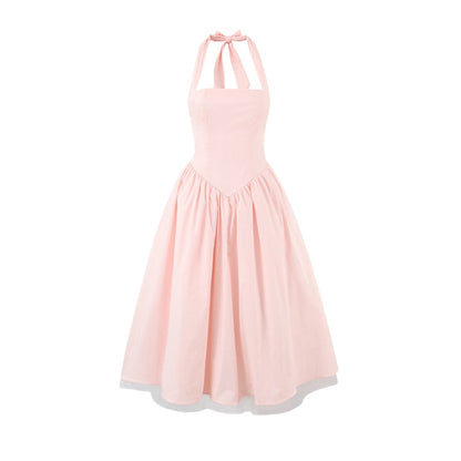 French Backless Cross-Tie Halter Dress