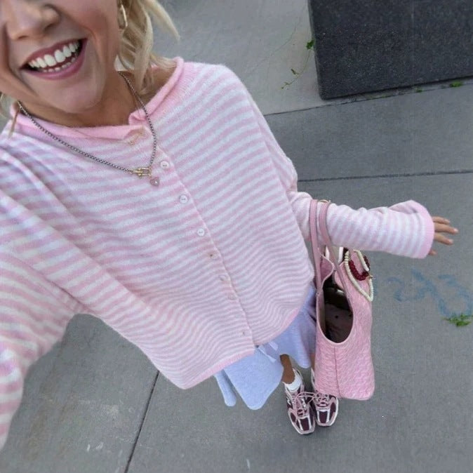 Women's Striped Knit Button-Front Long Sleeve Cardigan