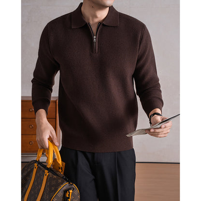 Men's Zippered Sheep Wool Blend Thickened Knit Sweater with Anti-Pilling Feature