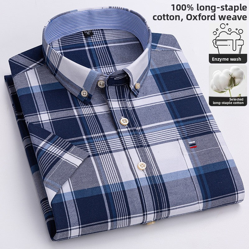 Men's 100% Cotton Plaid Short Sleeve Shirt Oxford Casual Square Collar