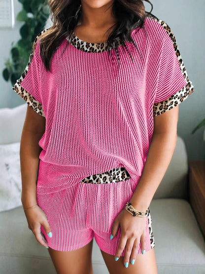 Women's Leopard Print Ribbed T-Shirt and Shorts Set