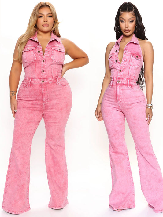 Women's Denim High Elastic Jumpsuit with Pocket