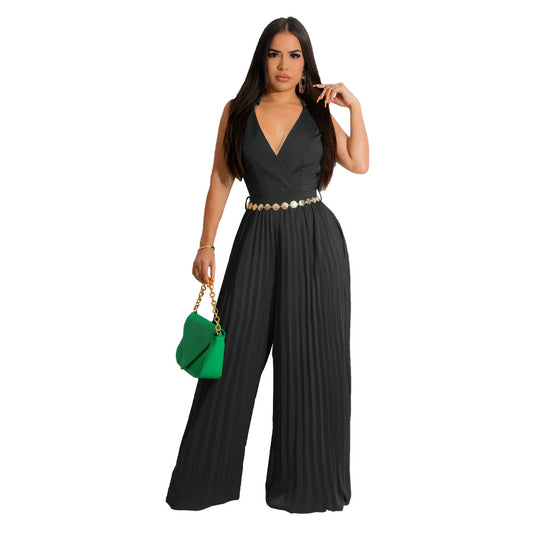 Mouwloze jumpsuit met plooien V-hals en wijde pijpen