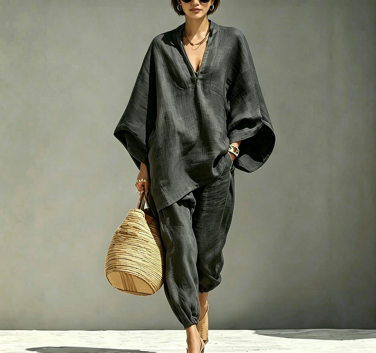 Women Casual Batwing Sleeve V-Neck Linen Blend Suit
