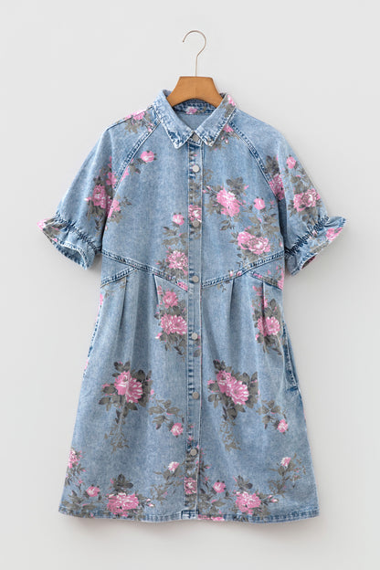 Denim jurk met bloemenprint korte ruchesmouwen zakken en knoopsluiting
