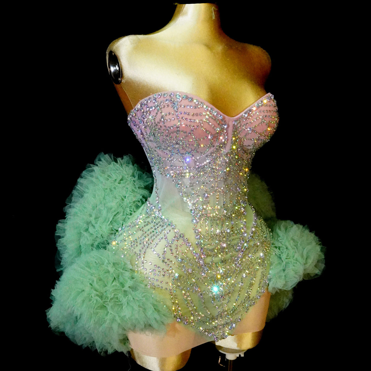 Gradient Rhinestone Strapless Puffy Dress