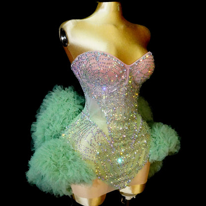 Gradient Rhinestone Strapless Puffy Dress