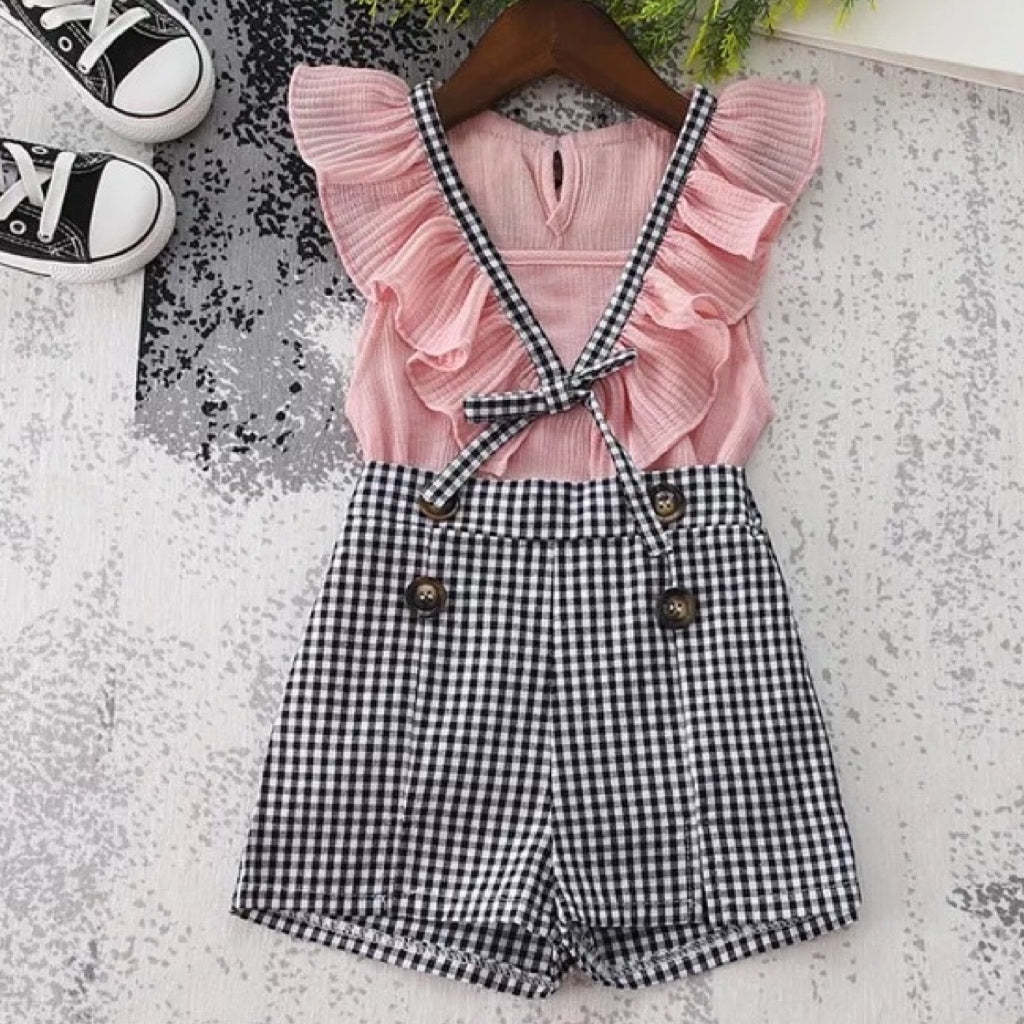 Toddler Girls 2PC Outfit Bowknot Top &amp;amp; Plaid Shorts